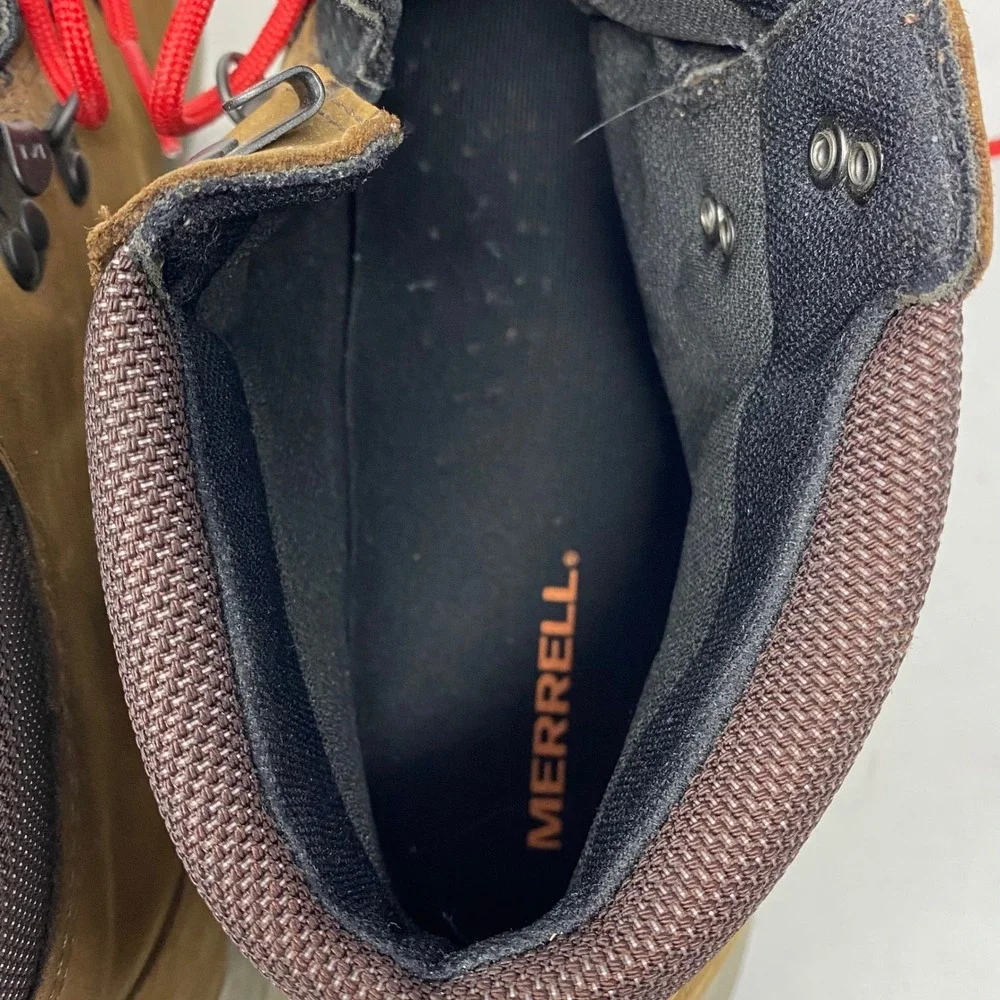 Merrell Ontario Mid Waterproof Hiking Boots Brown Leather Red Lace J84903 Men 13